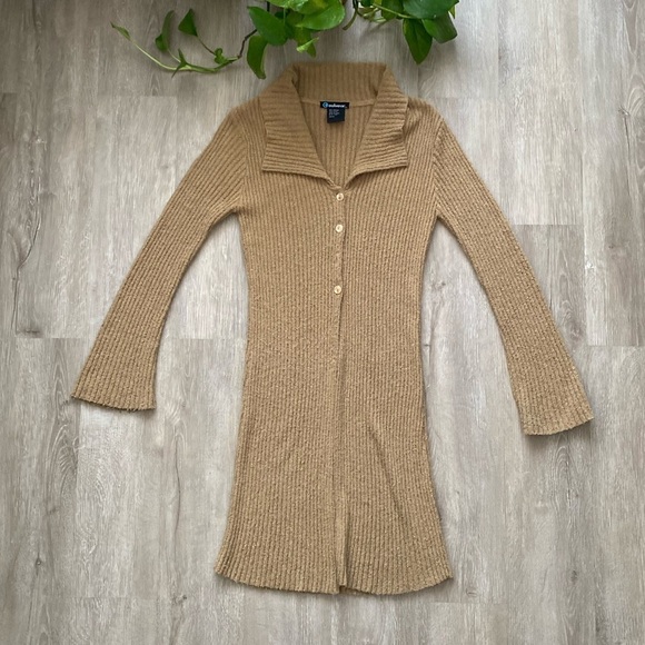 Vintage y2k Camel Tan Open Front 3 Button Collard Cardigan Bell Sleeves - Picture 3 of 6